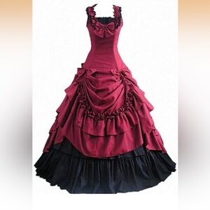 Elegant Gothic Victorian Burgundy and Black Ruffled Dress (M/L)